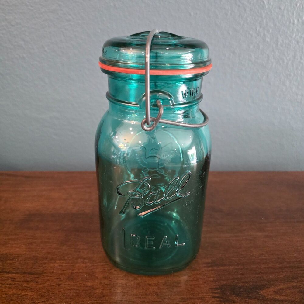 Ball Ideal Canning Jar Blue Green Eagle Bicentennial Glass Lid Wire Bail Vintage